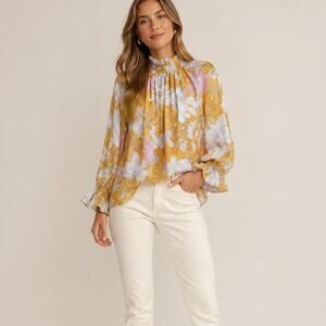 Ephemera Yellow Pink Floral Linen Ruffled Blouse Womens 6 Boho Peasant Natural